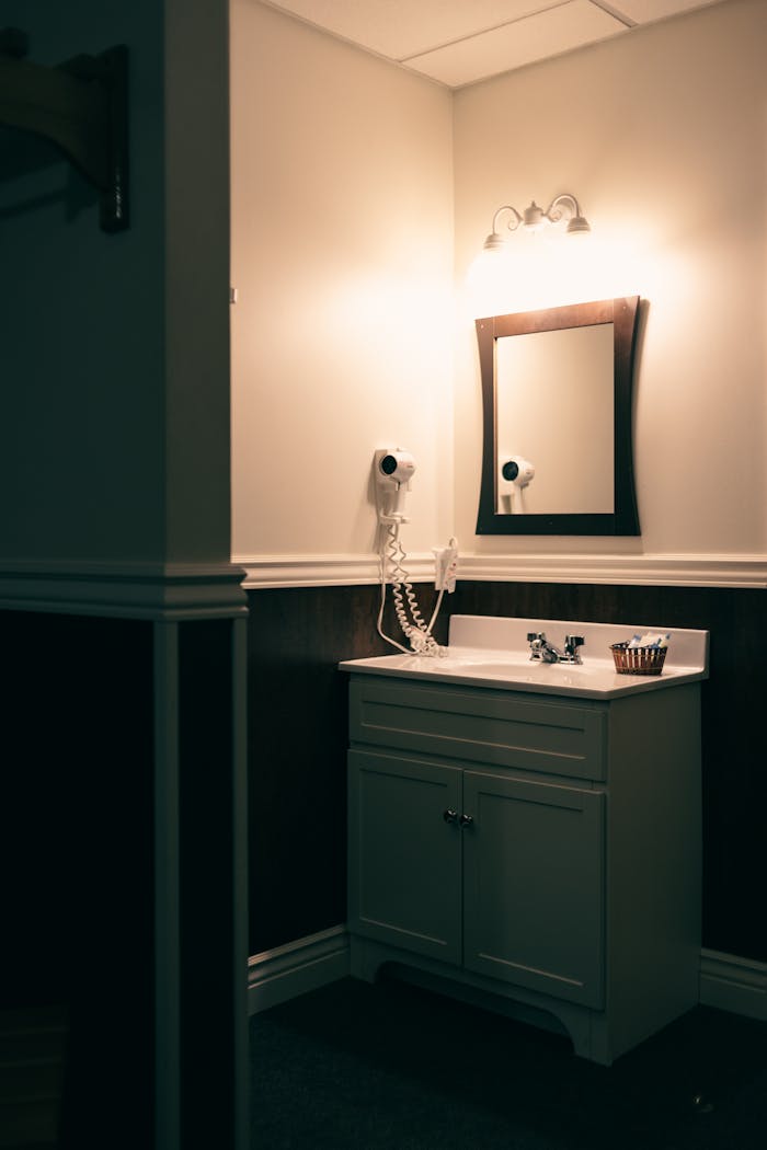 services-01 A stylish bathroom vanity featuring a mirror, light fixture, and hair dryer in a neat home interior setting.